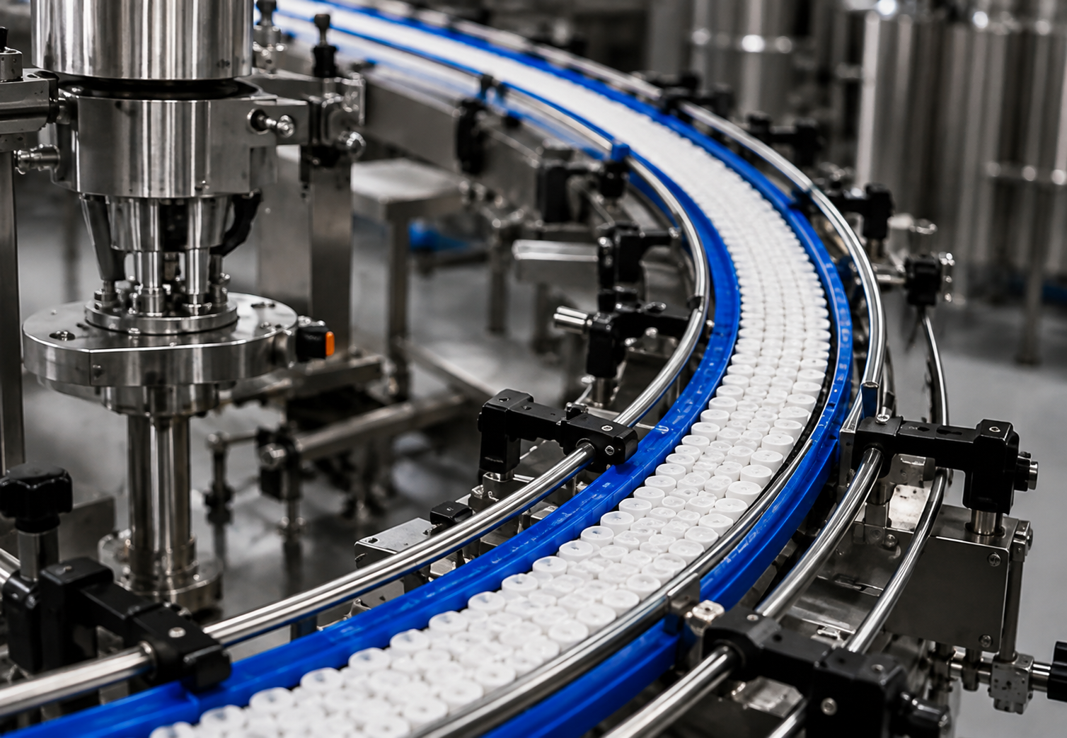 Stainless steel conveyor system curve with bottle caps