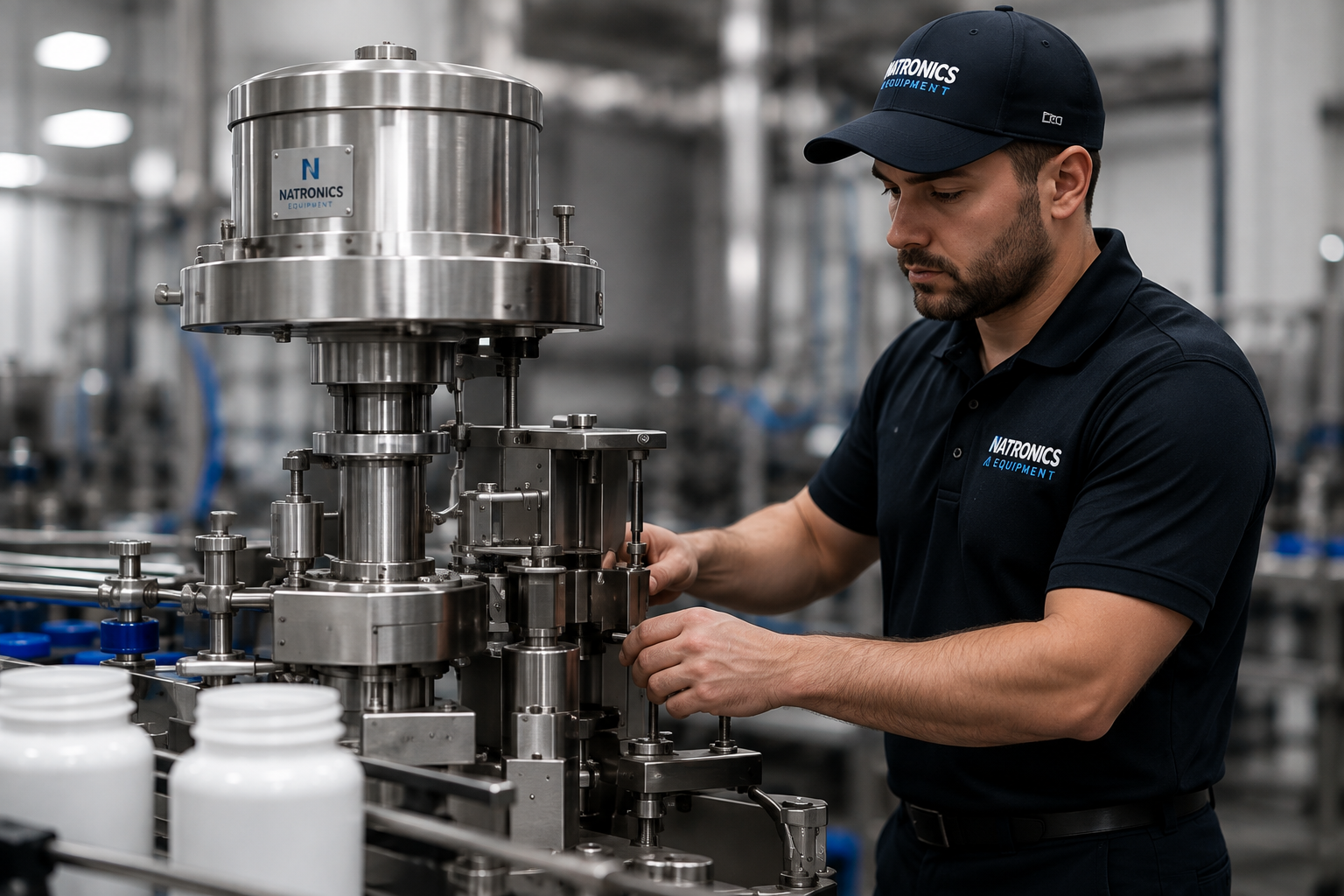 Natronics Equipment technician servicing a capping machine on the production floor